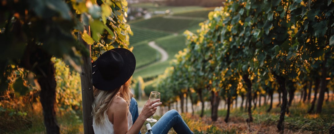 young blonde woman relaxing vineyards summer season with bottle wine young blonde woman relaxing vineyards summer season with bottle wine