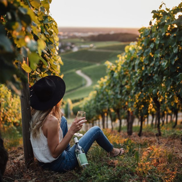 young blonde woman relaxing vineyards summer season with bottle wine